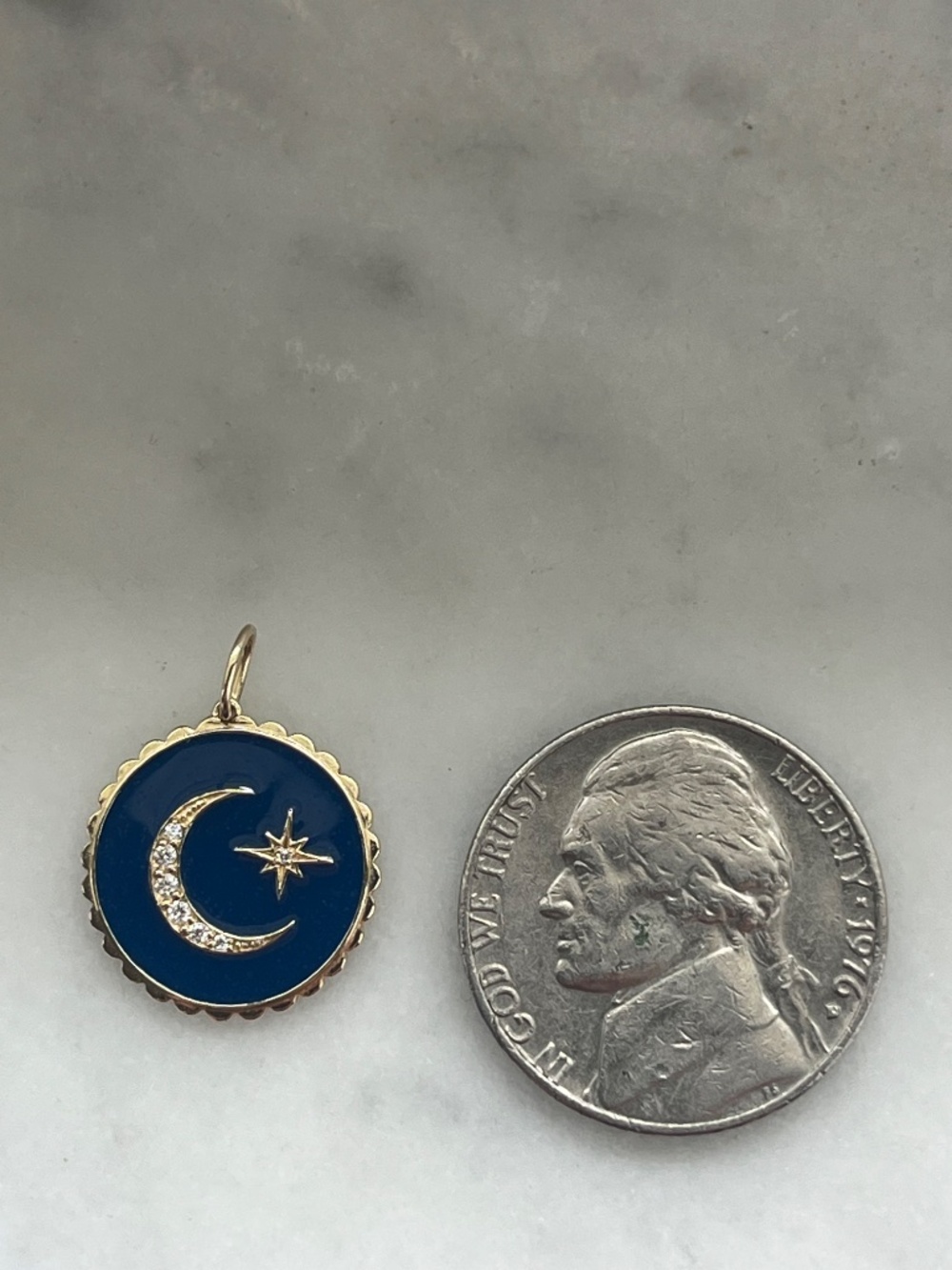 Sydney Evan 14K Gold & Diamond Celestial Moon Star Navy Enamel Charm Pendant - Picture 7 of 11